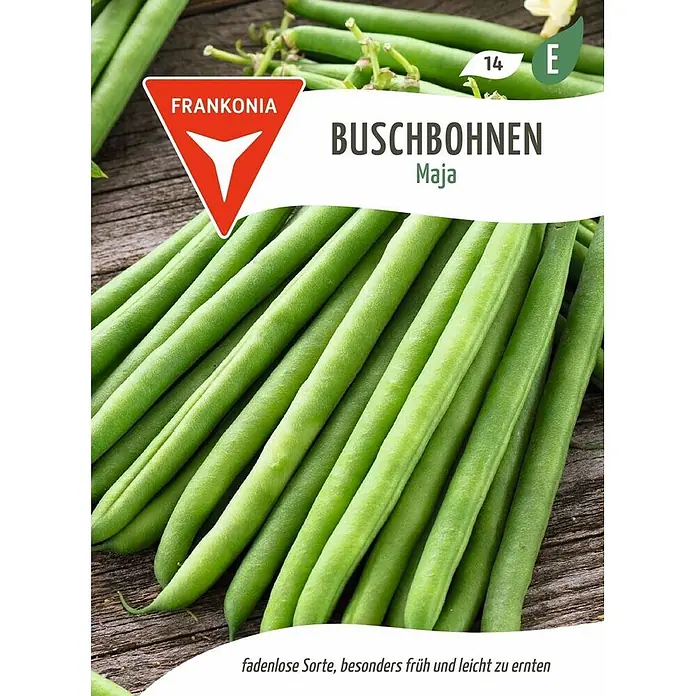Frankonia Samen Saatgut Buschbohne, Maja - Phaseolus vulgaris, 5,67 g - Ein Haufen frischer grüner Buschbohnen der Sorte 'Maja', eine fadenlose Sorte.