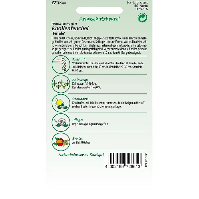 Samen Pfann Saatgut Knollenfenchel, Finale - Foeniculum vulgare, 1,6 g - Weißer Samenbeutel für Fenchel 'Finale' mit grüner Schrift und Anbauanleitung.