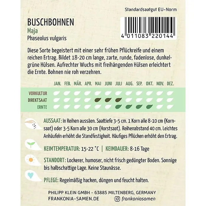Frankonia Samen Saatgut Buschbohne, Maja - Phaseolus vulgaris, 5,67 g - Samenpackung für Maja Buschbohnen mit Pflanzanleitung.