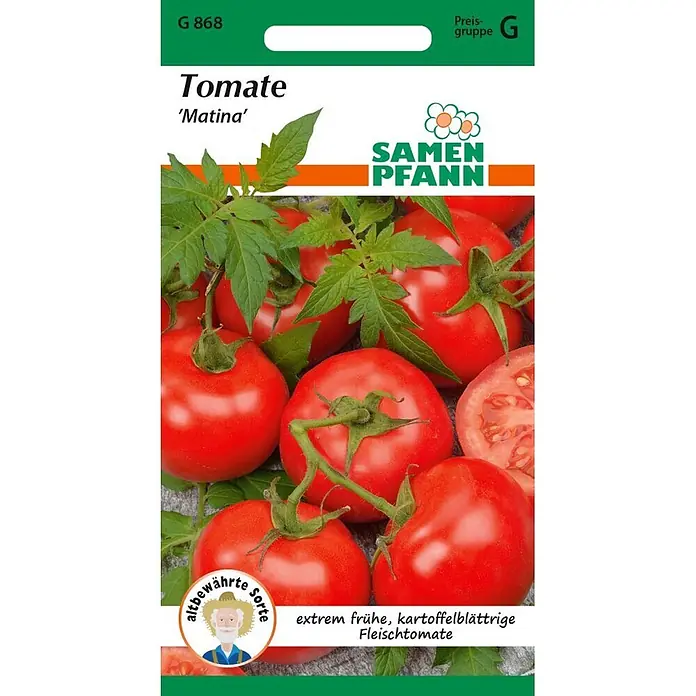Samen Pfann Saatgut Tomate, Matina - Solanum lycopersicum, 1,6 g - Samenpackung Tomate 'Matina' mit roten Tomaten und Text 'SAMEN PFANN', 'extrem frühe, kartoffelblättrige Fleischtomate'.