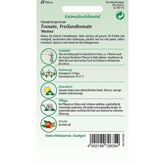 Samen Pfann Saatgut Tomate, Matina - Solanum lycopersicum, 1,6 g - Samenpackung für Matina Tomaten mit Pflanzanleitung und Produktinformationen.
