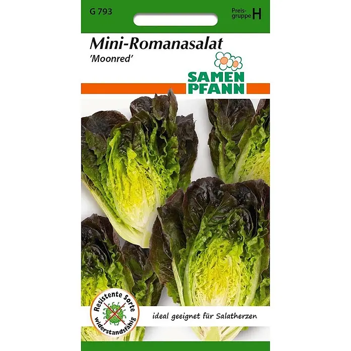 Samen Pfann Saatgut Romanasalat, Moonred - Lactuca sativa, 1,6 g - Samen Pfann Mini-Romanasalat 'Moonred' Samentüte mit Abbildung von dunkelrotem und grünem Romana-Salat.