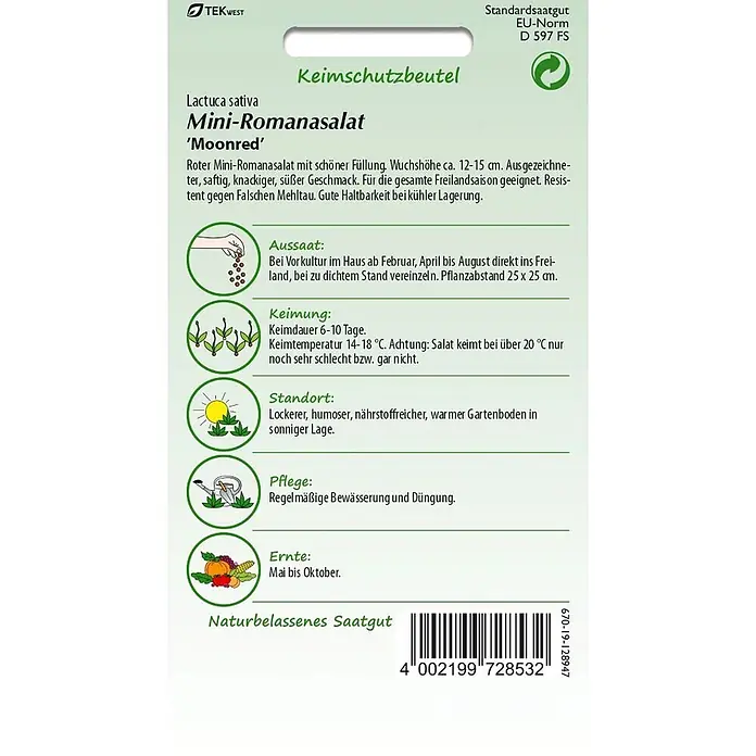 Samen Pfann Saatgut Romanasalat, Moonred - Lactuca sativa, 1,6 g - Saatguttüte für Mini-Romanasalat 'Moonred' mit Pflanzanleitung und Barcode.