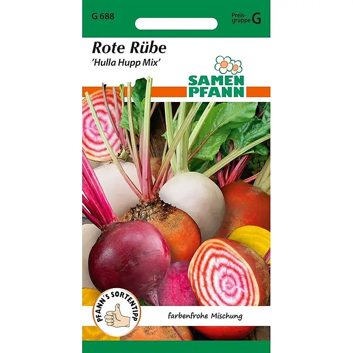 Samen Pfann Saatgut Rote Rübe, Hulla Hupp Mix (Rote Beete Bete) - Beta vulgaris, 1,9 g - Samentüte 'Rote Rübe Hulla Hupp Mix' von Samen Pfann mit bunten Rübenabbildungen.