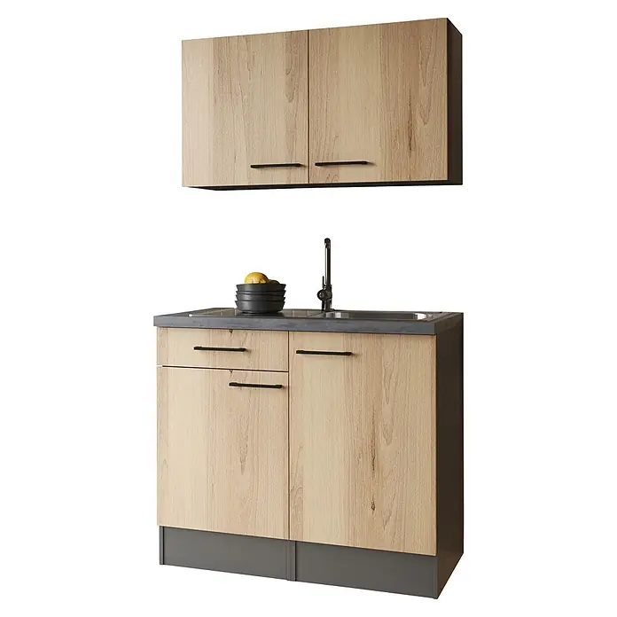 Respekta Komplettspüle - 100 x 60 cm, Artisan Eiche Nachbildung, Mit Oberschrank - Helle Holzmaserung Küchenschränke mit dunkler Arbeitsplatte, Spüle und Wasserhahn. Mit schwarzen Griffen und Sockel.
