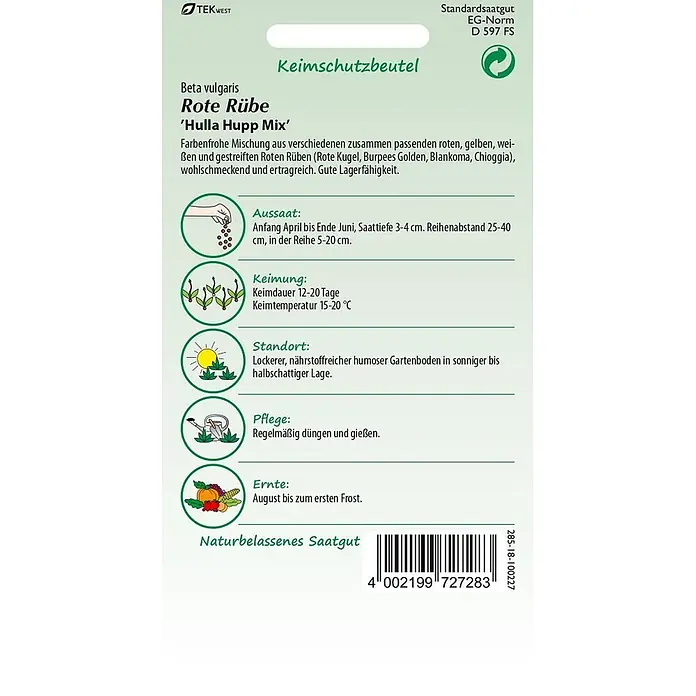 Samen Pfann Saatgut Rote Rübe, Hulla Hupp Mix (Rote Beete Bete) - Beta vulgaris, 1,9 g - Samentüte für Rote Rübe 'Hulla Hupp Mix', eine farbenfrohe Mischung aus roten, gelben, weißen und gestreiften Sorten mit Anbauanleitung.