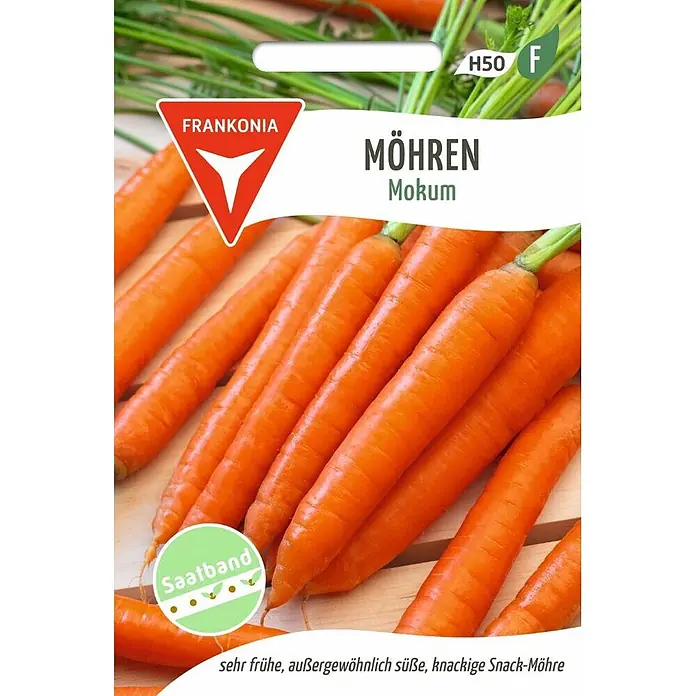 Frankonia Samen Saatgut Möhre, Mokum F1, Saatband - Daucus carota, 2,27 g - Frische orange FRANKONIA Mokum Möhren. Beschrieben als sehr frühe, süße, knackige Snack-Möhren, auch als Saatband erhältlich.