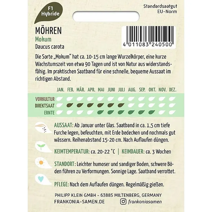 Frankonia Samen Saatgut Möhre, Mokum F1, Saatband - Daucus carota, 2,27 g - Grüner und weißer Samenbeutel für Möhren der Sorte Mokum F1 Hybrid, mit Pflanzanleitung und Barcode.