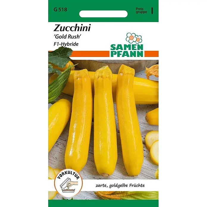 Samen Pfann Saatgut Zucchini, Gold Rush F1 - Cucurbita pepo - Samentüte für gelbe Zucchini 'Gold Rush' F1-Hybride mit Abbildung von leuchtend gelben Zucchini und Scheiben.