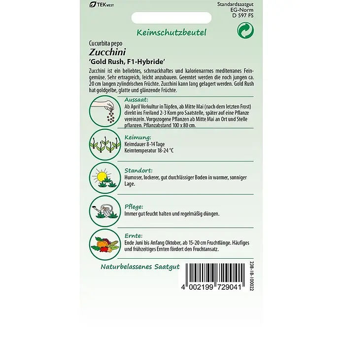 Samen Pfann Saatgut Zucchini, Gold Rush F1 - Cucurbita pepo - Zucchini 'Gold Rush, F1-Hybride' Saatgutbeutel mit Pflanzanleitung und Barcode.