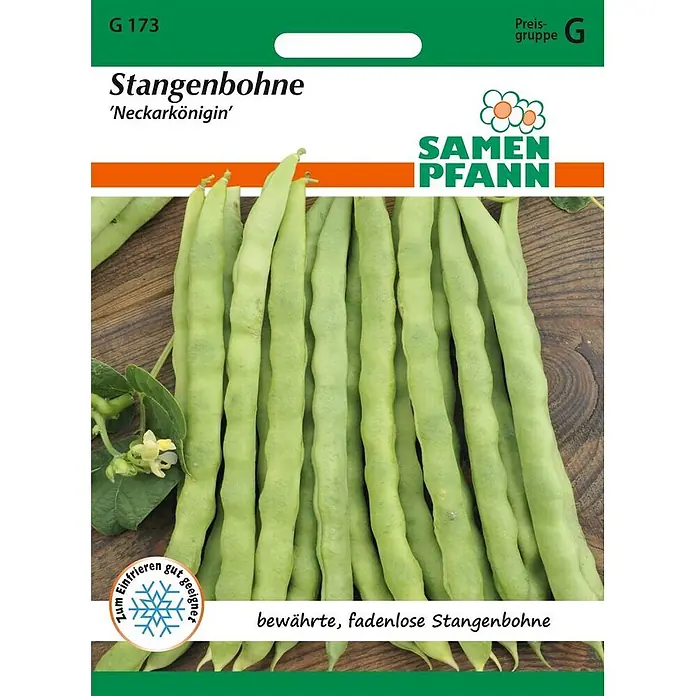 Samen Pfann Saatgut Stangenbohne, Neckarkönigin - Phaseolus vulgaris, 6,2 g - Samenpackung 'Neckarkönigin' Stangenbohnen, zeigt lange grüne Bohnen und ein "gut zum Einfrieren"-Symbol.