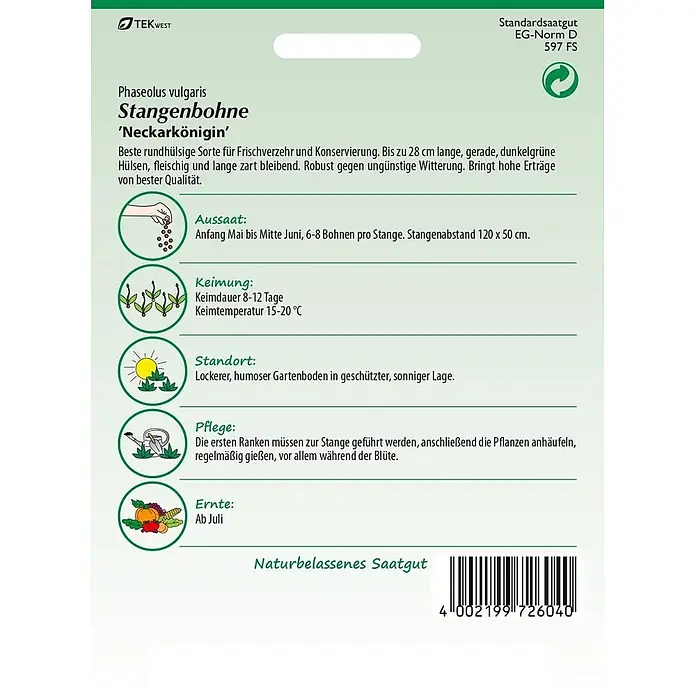 Samen Pfann Saatgut Stangenbohne, Neckarkönigin - Phaseolus vulgaris, 6,2 g - Grüne und weiße Samentüte für Stangenbohnen 'Neckarkönigin' mit detaillierten Anweisungen für Aussaat, Pflege und Ernte.