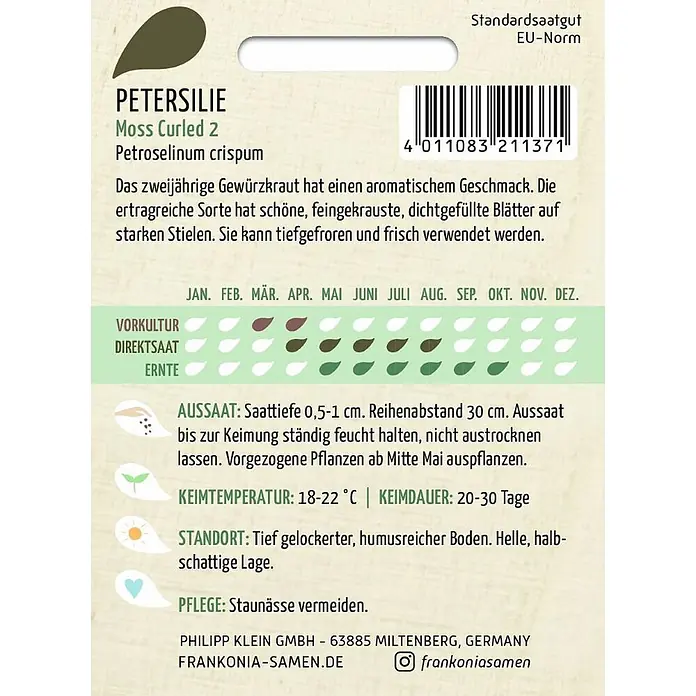 Frankonia Samen Saatgut Petersillie, Moss Curled 2 - Petroselinum crispum, 1,73 g - Samenpäckchen für 'Petersilie Mooskrause 2' mit Pflanzanleitung und Barcode.