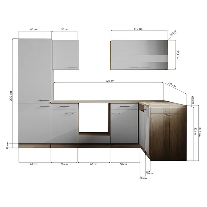 Respekta Merle Küchenleerblock - B x L: 280 x 172 cm, Grau, Ohne Elektrogeräte - Moderne hellgraue Küche mit Holzelementen, inklusive Hoch-, Wand- und Unterschränken mit Eckarbeitsplatte.