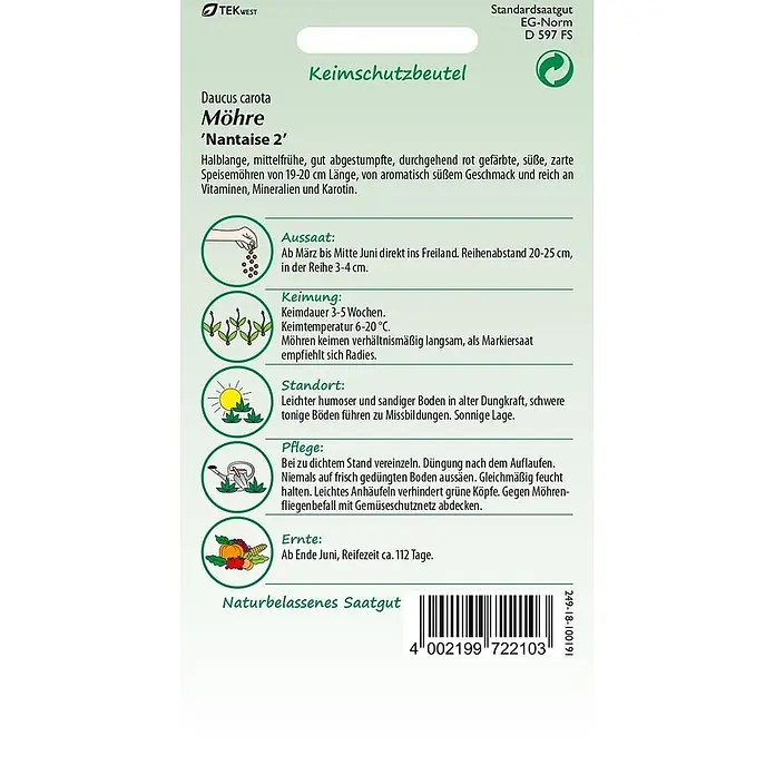 Samen Pfann Saatgut Möhre, Nantaise 2 - Daucus carota - Samenpäckchen für Möhre 'Nantaise 2' mit Anbauanleitung und Barcode.