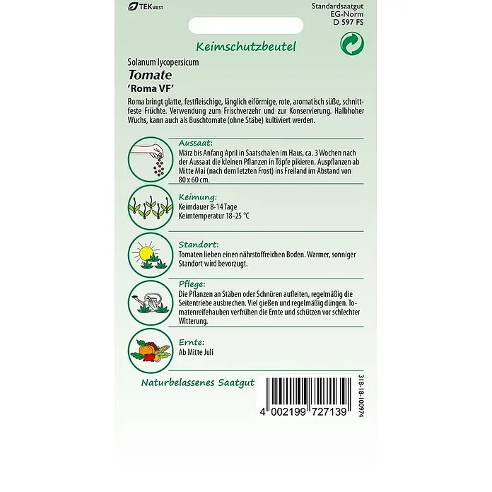 Samen Pfann Saatgut Buschtomate, Roma - Solanum lycopersicum, 1,6 g - Samentüte für 'Roma VF' Tomaten mit Pflanzanleitung und Sortendetails.