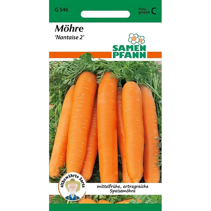 Samen Pfann Saatgut Möhre, Nantaise 2 - Daucus carota - Samenpackung für Möhren der Sorte 'Nantaise 2' von Samen Pfann, mit Abbildung leuchtend oranger Karotten.