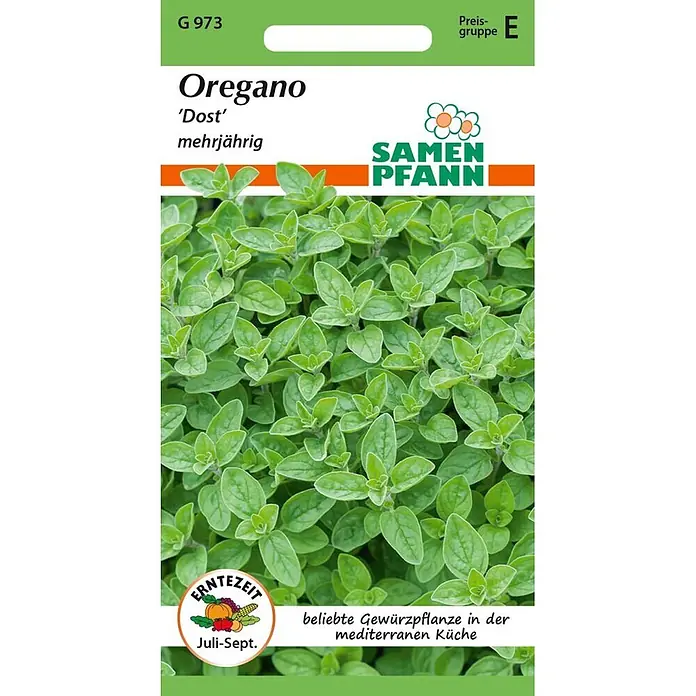 Samen Pfann Saatgut Oregano/Dost - Origanum vulgare, 1,6 g - Grüne Oregano-Samentüte von Samen Pfann mit frischen Blättern und Erntezeit Juli-Sept.