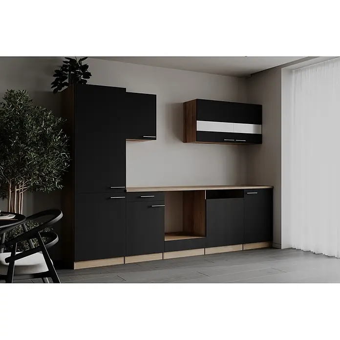 Respekta Merle Küchenleerblock - Breite: 280 cm, Schwarz, Ohne Elektrogeräte - Moderne schwarz-Holz-Küchenmöbel mit silbernen Griffen in einer Küche.