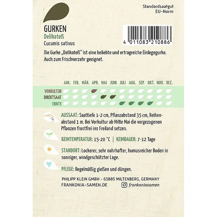 Frankonia Samen Saatgut Gurke, Delikateß - Cucumis sativus, 1,63 g - Gurken-Saatgut „Delikateß“ mit Pflanzanleitung und Barcode.