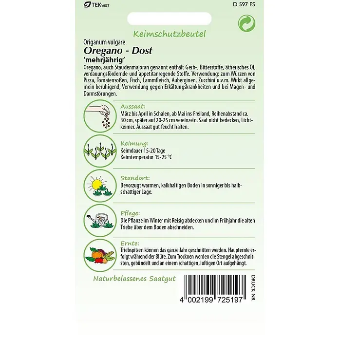 Samen Pfann Saatgut Oregano/Dost - Origanum vulgare, 1,6 g - Samenpäckchen für mehrjährigen Oregano mit Anbauanleitung und Verwendungstipps.