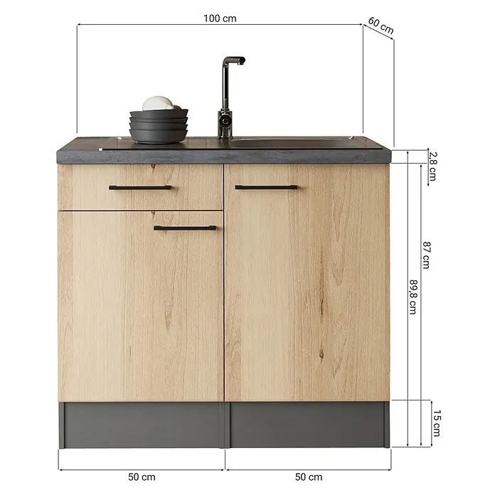 Respekta Komplettspüle - 100 x 60 cm, Artisan Eiche Nachbildung, Ohne Oberschrank - Küchenunterschrank in heller Holzoptik mit dunkelgrauer Arbeitsplatte, integrierter Spüle und Wasserhahn. Maße: 100x60x89,8 cm.