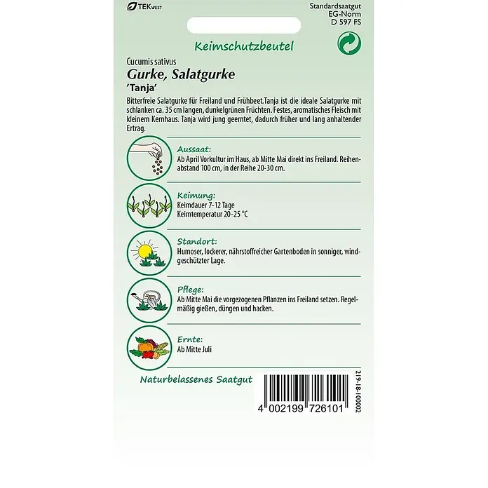 Samen Pfann Saatgut Salatgurke, Tanja - Cucumis sativus, 1,6 g - Grünes und weißes Saatgutpäckchen für Salatgurke 'Tanja' mit Pflanzanleitung und Barcode.