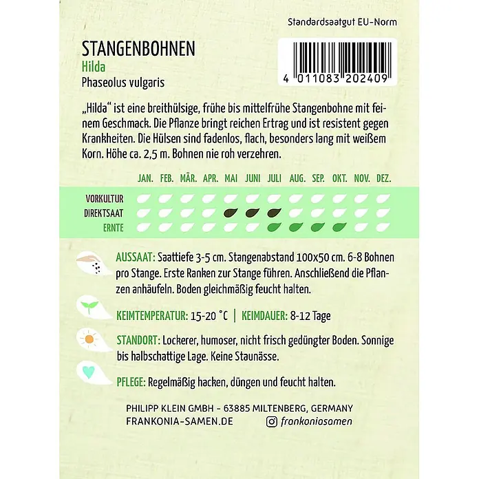 Frankonia Samen Saatgut Stangenbohne, Hilda - Phaseolus vulgaris, 5,67 g - Grünes Saatgutpäckchen für „Hilda“ Stangenbohnen (Phaseolus vulgaris) mit Pflanzanleitung, Anbaudetails und Barcode.
