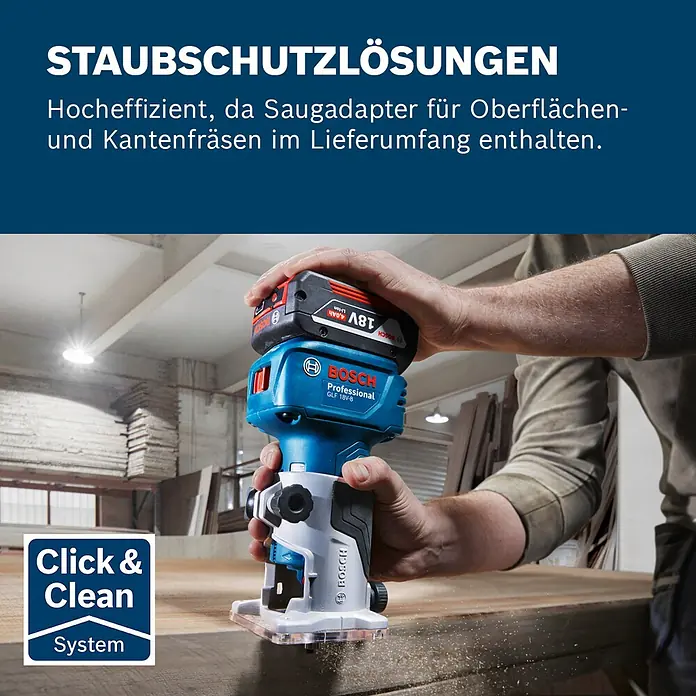 Bosch Professional AMPShare 18V Akku-Kantenfräser GLF 18V-8 PRO SOLO - 18 V, Ohne Akku, 10.000 U/min - 30.000 U/min, Inkl. L-Boxx - Blauer und schwarzer Bosch Akku-Kantenfräser mit rotem Akku, der Holz bearbeitet und Staub erzeugt.