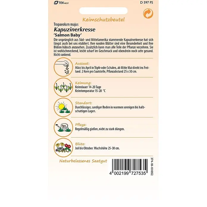 Samen Pfann Saatgut Kapuzinerkresse, Salmon Baby - Tropaeolum majus - Samentüte für Kapuzinerkresse 'Salmon Baby' mit Pflanzanleitung und Barcode.