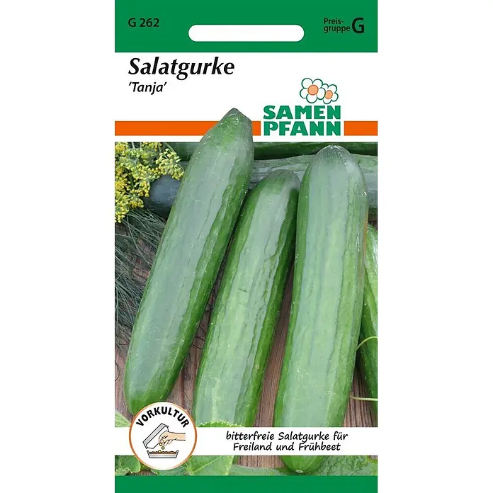 Samen Pfann Saatgut Salatgurke, Tanja - Cucumis sativus, 1,6 g - Samenpackung für Salatgurke 'Tanja', bitterfreie Sorte für Freiland und Frühbeet.
