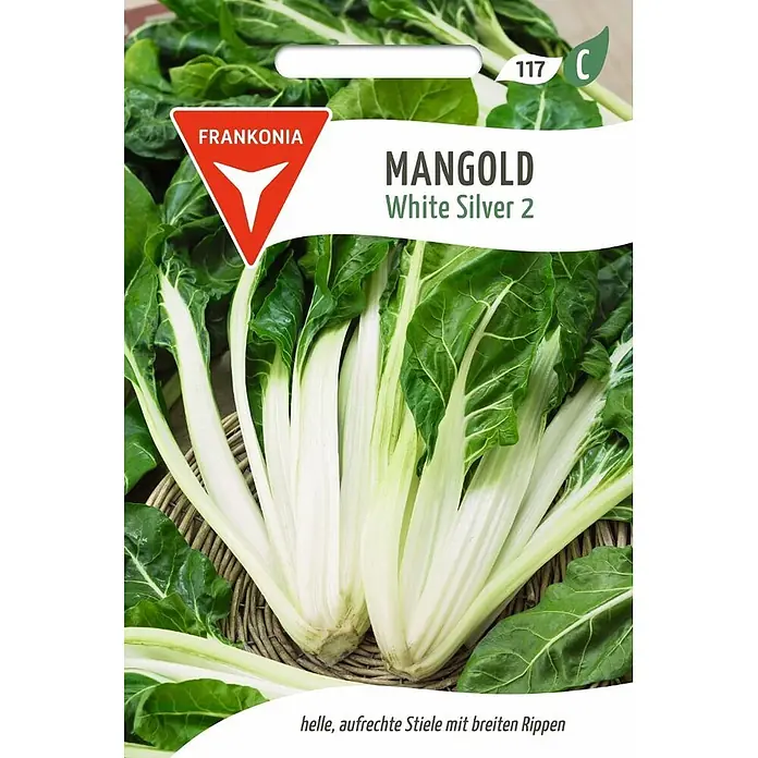 Frankonia Samen Saatgut Mangold, White Silver 2 - Beta vulgaris, 1,68 g - Mangold White Silver 2 Samenpackung, zeigt frischen Mangold mit grünen Blättern und weißen Stielen.