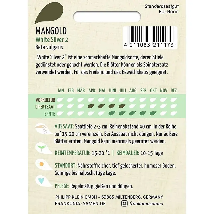Frankonia Samen Saatgut Mangold, White Silver 2 - Beta vulgaris, 1,68 g - Samentüte für Mangold 'White Silver 2', mit deutscher Pflanzanleitung und Barcode.