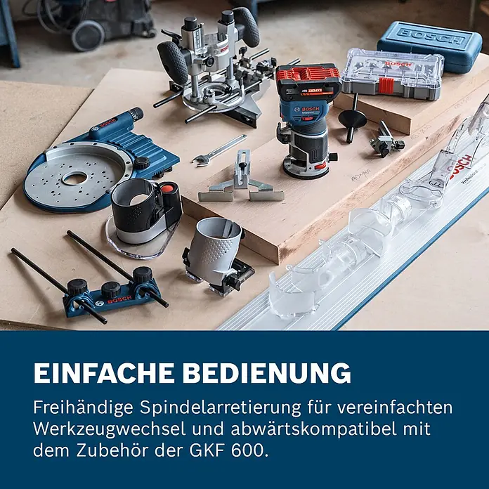 Bosch Professional AMPShare 18V Akku-Kantenfräser GKF 18V-8 - 18 V, Ohne Akku, 10.000 U/min - 30.000 U/min - Bosch Oberfräsensystem mit blauen und silbernen Werkzeugen, Basen und Zubehör für einfachen Werkzeugwechsel, auf Holzoberfläche ausgelegt.