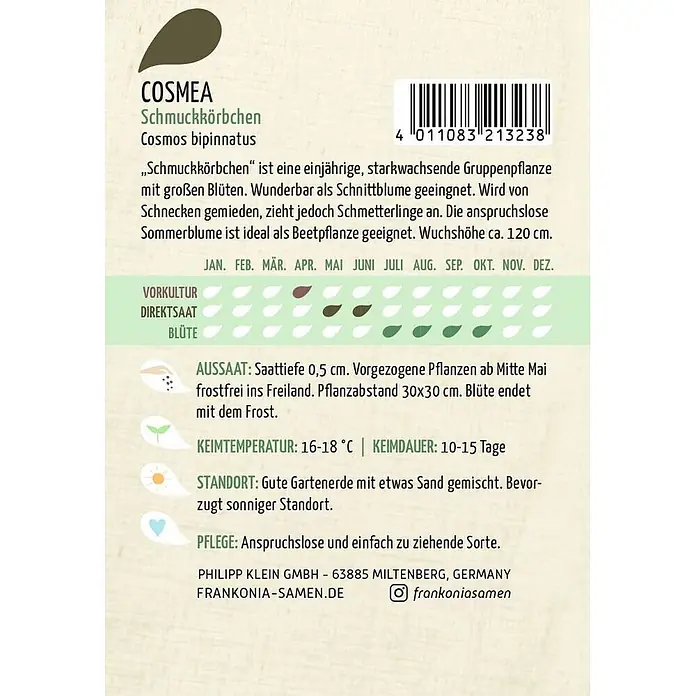 Frankonia Samen Saatgut Schmuckkörbchen, Cosmea - Cosmos bipinnatus, 1,58 g - Samenpackung für Cosmea (Schmuckkörbchen) mit Pflanzanleitung und Markeninformationen.