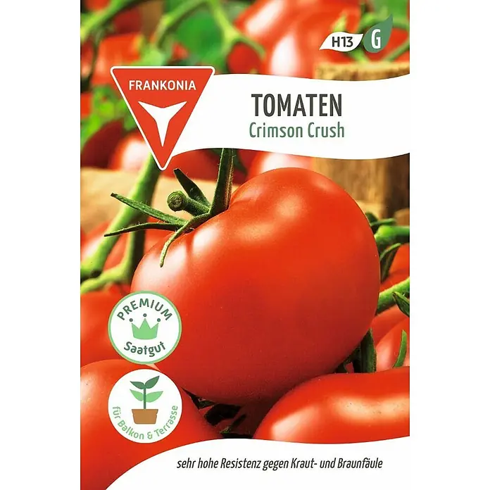 Frankonia Samen Saatgut Tomate, Crimson Crush F1 - Solanum lycopersicum, 1,77 g - Reife rote Crimson Crush Tomaten an der Rispe, mit Saatgut-Packung: hohe Resistenz gegen Kraut- und Braunfäule für Balkon & Terrasse.