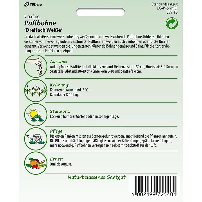 Samen Pfann Saatgut Puffbohne, Dreifach weiße - Vicia faba - Samentüte für 'Dreifach Weiße' Puffbohnen mit Anbauanleitung und Produktdetails.