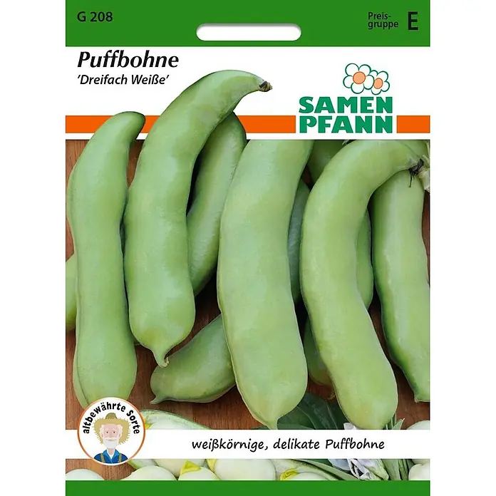 Samen Pfann Saatgut Puffbohne, Dreifach weiße - Vicia faba - Grüne Samentüte für Puffbohnen 'Dreifach Weiße' mit Bild grüner Schoten. Text: 'Samen Pfann'.