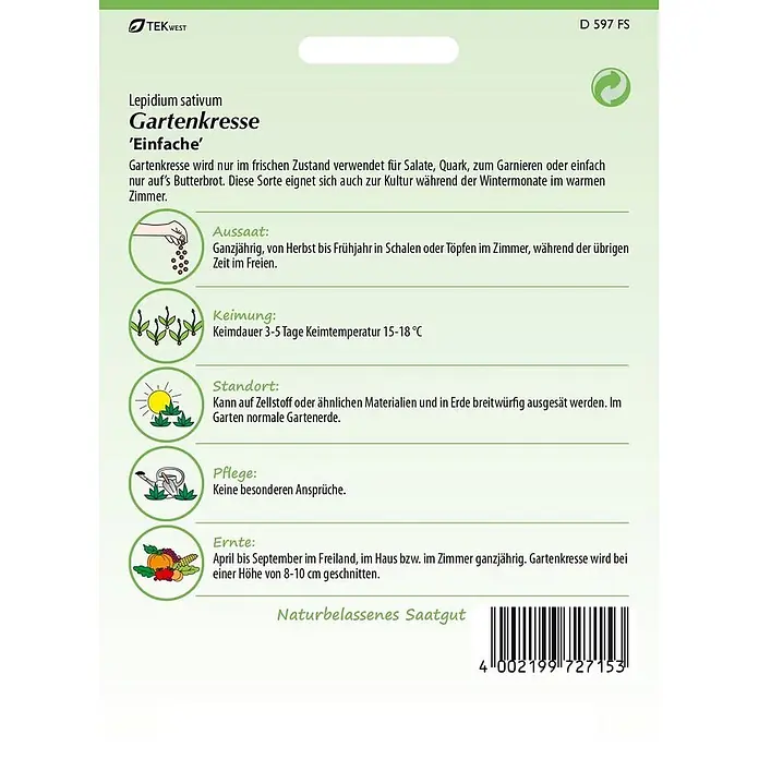 Samen Pfann Saatgut Gartenkresse - Lepidium sativum, 6,7 g - Gartenkresse Samenpackung mit Anbauanleitung und Piktogrammen in Grün-Weiß-Design.