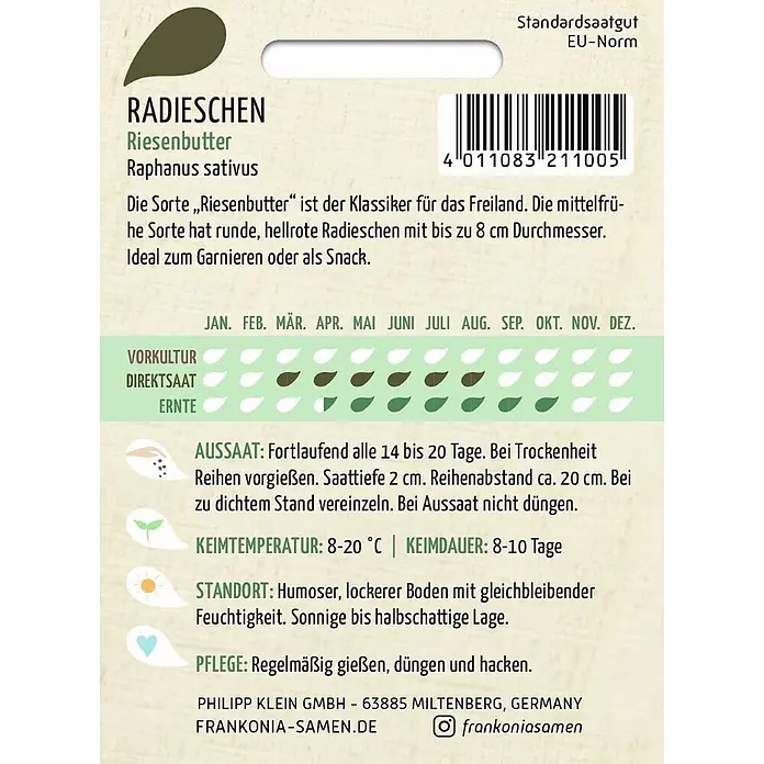 Frankonia Samen Saatgut Radies, Riesenbutter - Raphanus sativus, 1,73 g - Radieschensamenpäckchen der Sorte „Riesenbutter“ mit Pflanzinformationen und Barcode.