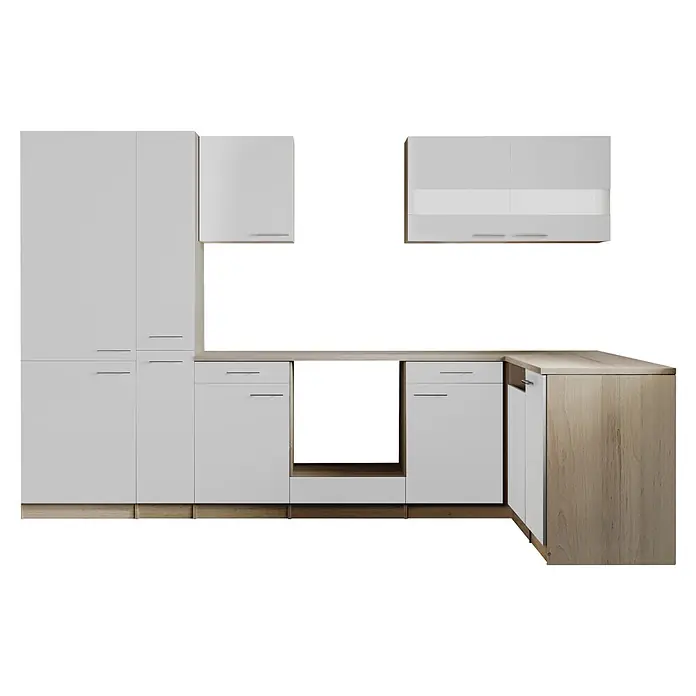 Respekta Merle Küchenleerblock - B x L: 310 x 172 cm, Weiß, Ohne Elektrogeräte - Modulare Küchenschrank-Garnitur mit weißen Fronten, hellen Holzelementen und minimalistischen Griffen.