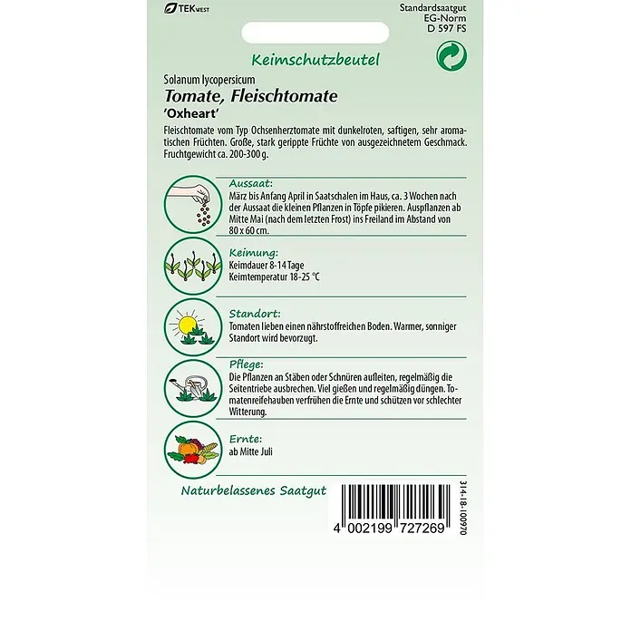Samen Pfann Saatgut Fleischtomate, Oxheart (Typ Ochsenherz) - Solanum lycopersicum, 1,6 g - Saatgutpackung für 'Ochsenherz' Fleischtomaten mit Anzucht- und Pflegeanleitung.