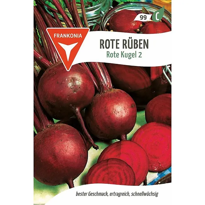 Frankonia Samen Saatgut Rote Rübe, Rote Kugel 2 (Rote Beete Bete) - Beta vulgaris - Frische rote Rüben, ganze Knollen, geschnittene Stücke und einige eingelegt im Glas. Zeigt die Sorte 'Rote Kugel 2'.