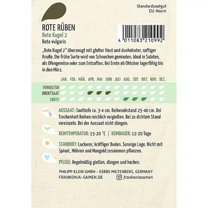 Frankonia Samen Saatgut Rote Rübe, Rote Kugel 2 (Rote Beete Bete) - Beta vulgaris - Saatgutpackung für 'Rote Kugel 2' Rote Bete, mit Produkt- und Pflanzinformationen.