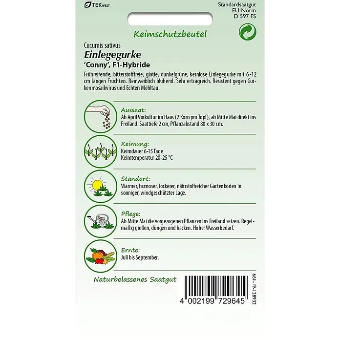 Samen Pfann Saatgut Einlegegurke, Conny F1 - Cucumis sativus, 1,6 g - Samentüte für Einlegegurke 'Conny' F1-Hybride in Grün und Weiß mit Anbauinformationen.
