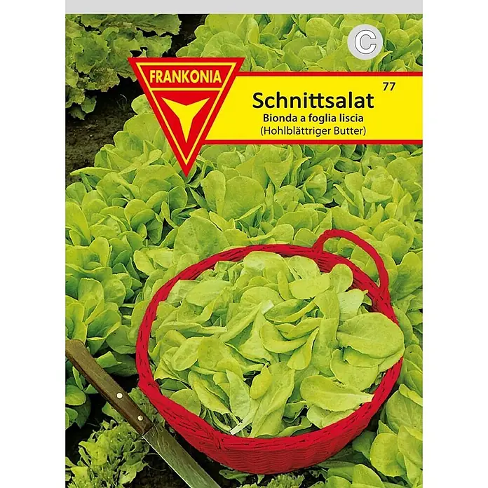 Frankonia Samen Saatgut Schnittsalat, Hohlblättriger Butter - Bionda a foglia liscia, 1,53 g - Frankonia Schnittsalat Samenpackung mit gelbem Etikett und rotem Logo, zeigt grünen Salat und geerntete Blätter in einem roten Korb.