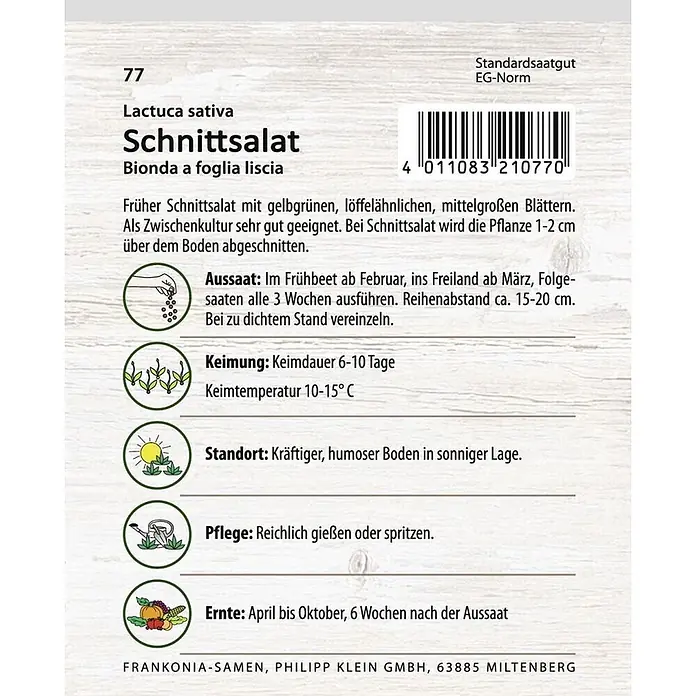Frankonia Samen Saatgut Schnittsalat, Hohlblättriger Butter - Bionda a foglia liscia, 1,53 g - Samenpäckchen für Schnittsalat mit Produktinformationen und Barcode.