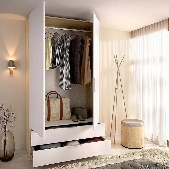 Dekit Armario para ropa Emax - L x An x Al: 51,4 x 91 x 203,5 cm, Roble claro/Blanco, Número de cajones: 2 ud. - Armario moderno blanco y de madera con puertas abiertas, revelando ropa y almacenamiento en un dormitorio.