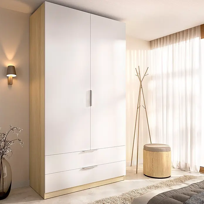 Dekit Armario para ropa Emax - L x An x Al: 51,4 x 91 x 203,5 cm, Roble claro/Blanco, Número de cajones: 2 ud. - Armario blanco y de madera clara con dos puertas y dos cajones, ideal para un dormitorio moderno.