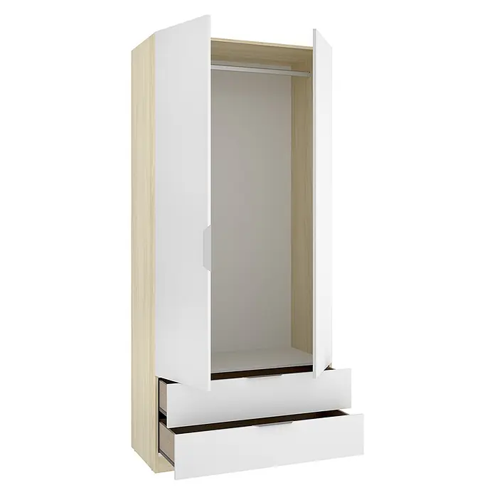 Dekit Armario para ropa Emax - L x An x Al: 51,4 x 91 x 203,5 cm, Roble claro/Blanco, Número de cajones: 2 ud. - Armario blanco y de madera clara con puertas abiertas, barra para colgar y dos cajones semiabiertos.